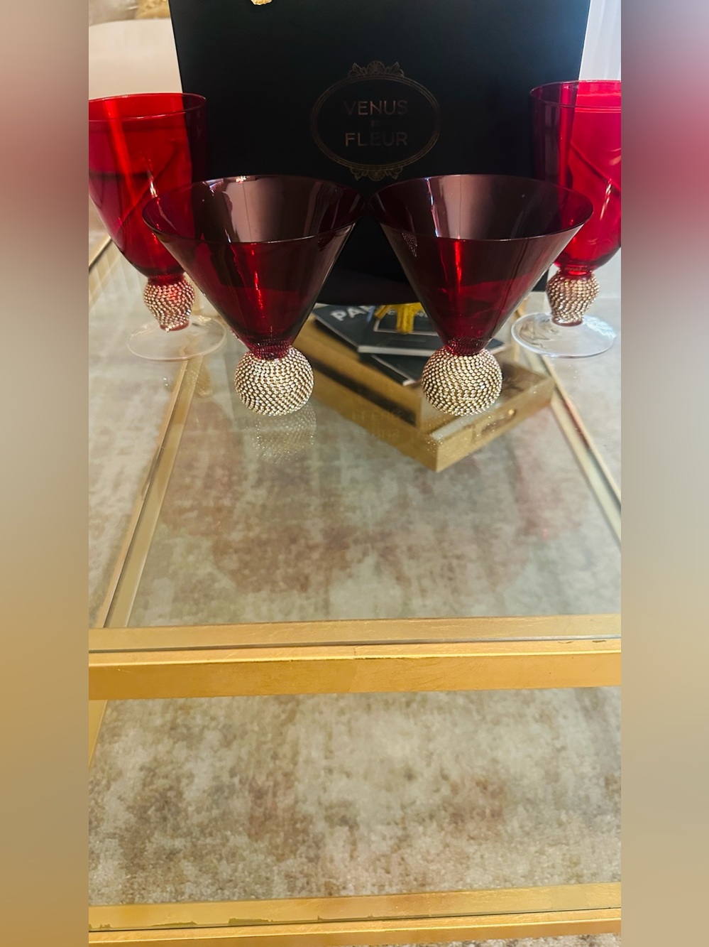 Crystal Red Martini Glasses with Rhinestone Ball Stem